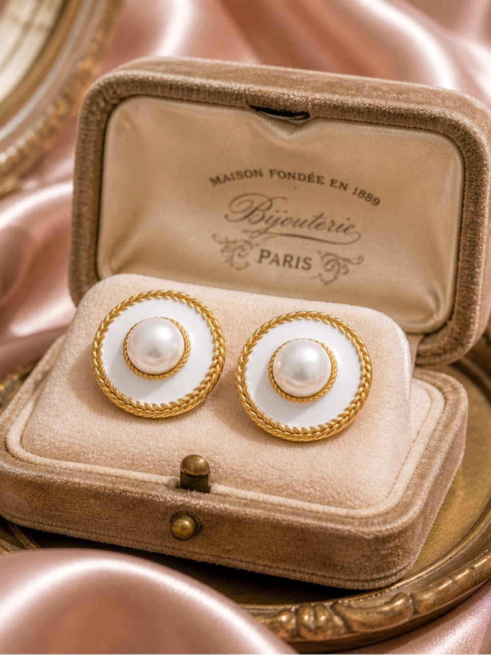 White Pearl Gold Button Earrings - Picture 2 of 9
